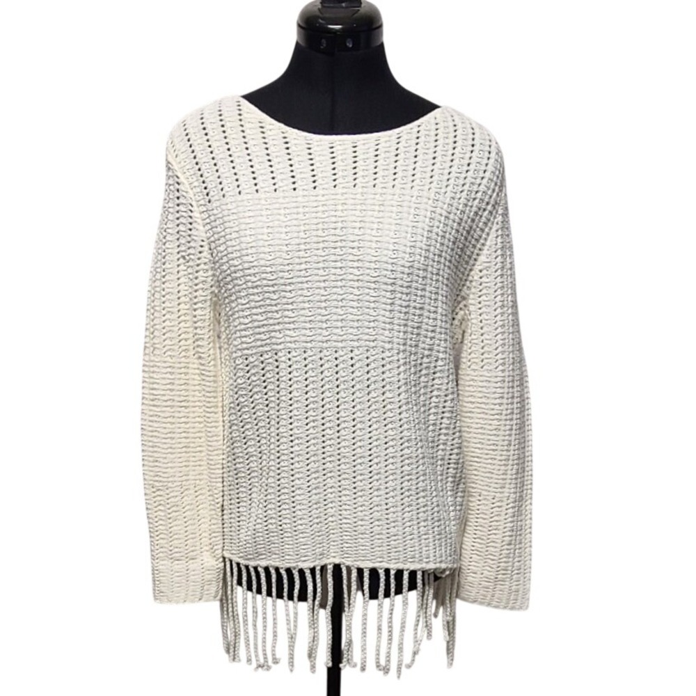 NIC+ZOE Women's Fringe Hem Beach Walk Knit Sweater Classic Cream XS/S New